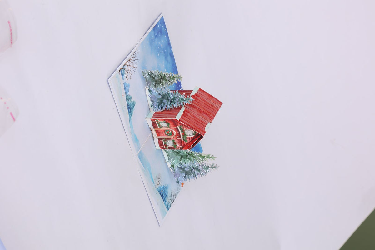 Blue Christmas Cottage Flip Pop Up Card