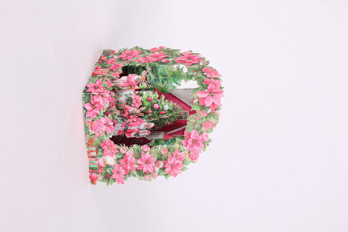 Poinsettia Floral Wreath Snowy House Greeting Card