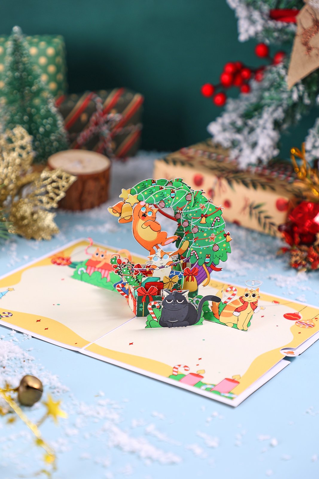 Cat Christmas Tree Crescent Moon 3D Pop Up Card