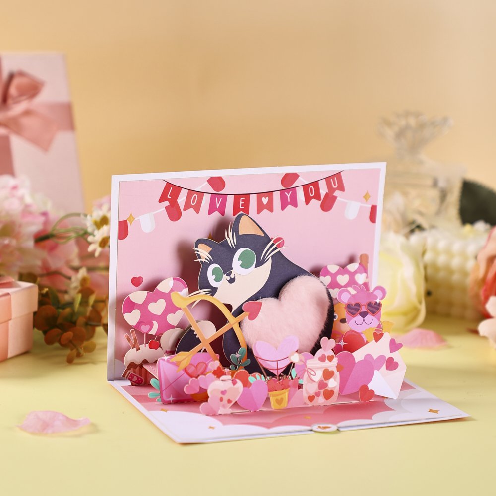 Plush Heart Cat Valentine's Day Greeting Card