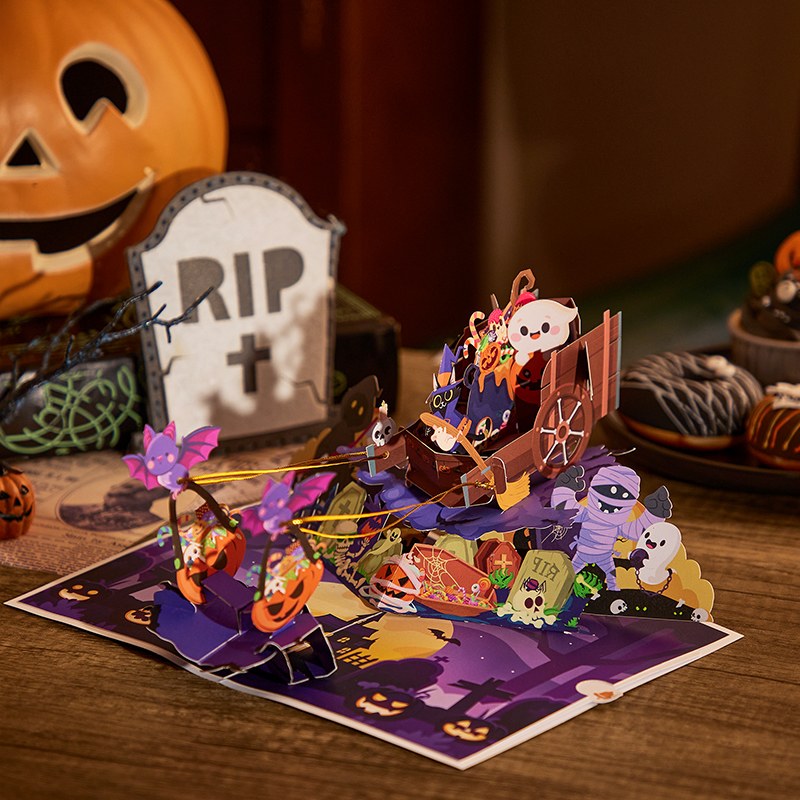 Halloween Cat & Bat Cart Pop Up Card