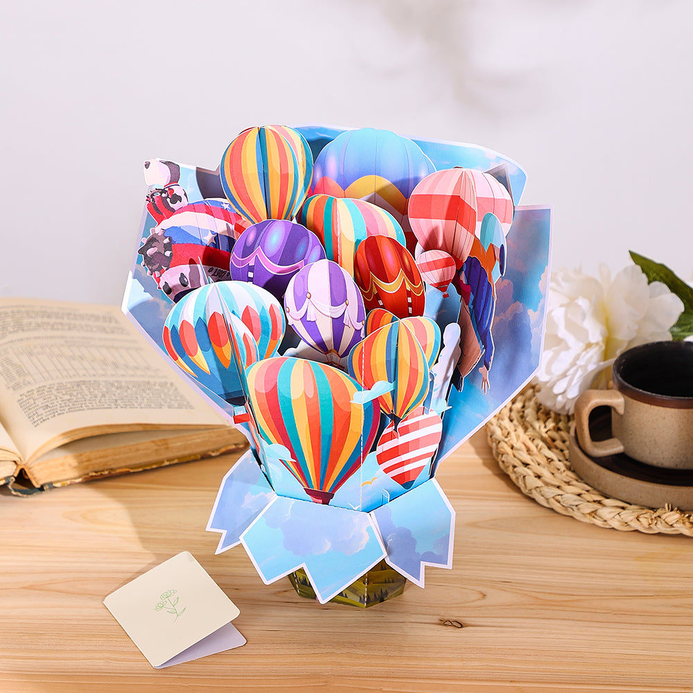 Custom Colorful Hot Air Balloon 3D Pop-Up Card Vibrant 3D Flower Bouquet