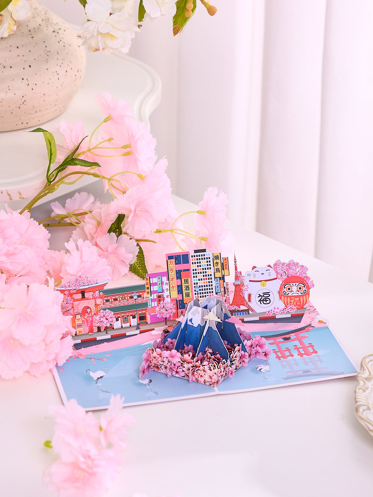 Custom Japan Scene 3D Pop-Up Card Mount Fuji & Cherry Blossom Bulk Travel Greeting Card