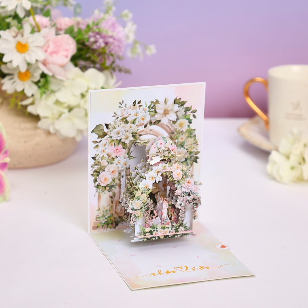 3D Floral Wedding Arch Pop Up Greeting Card - Elegant Printed Keepsake for Newlyweds