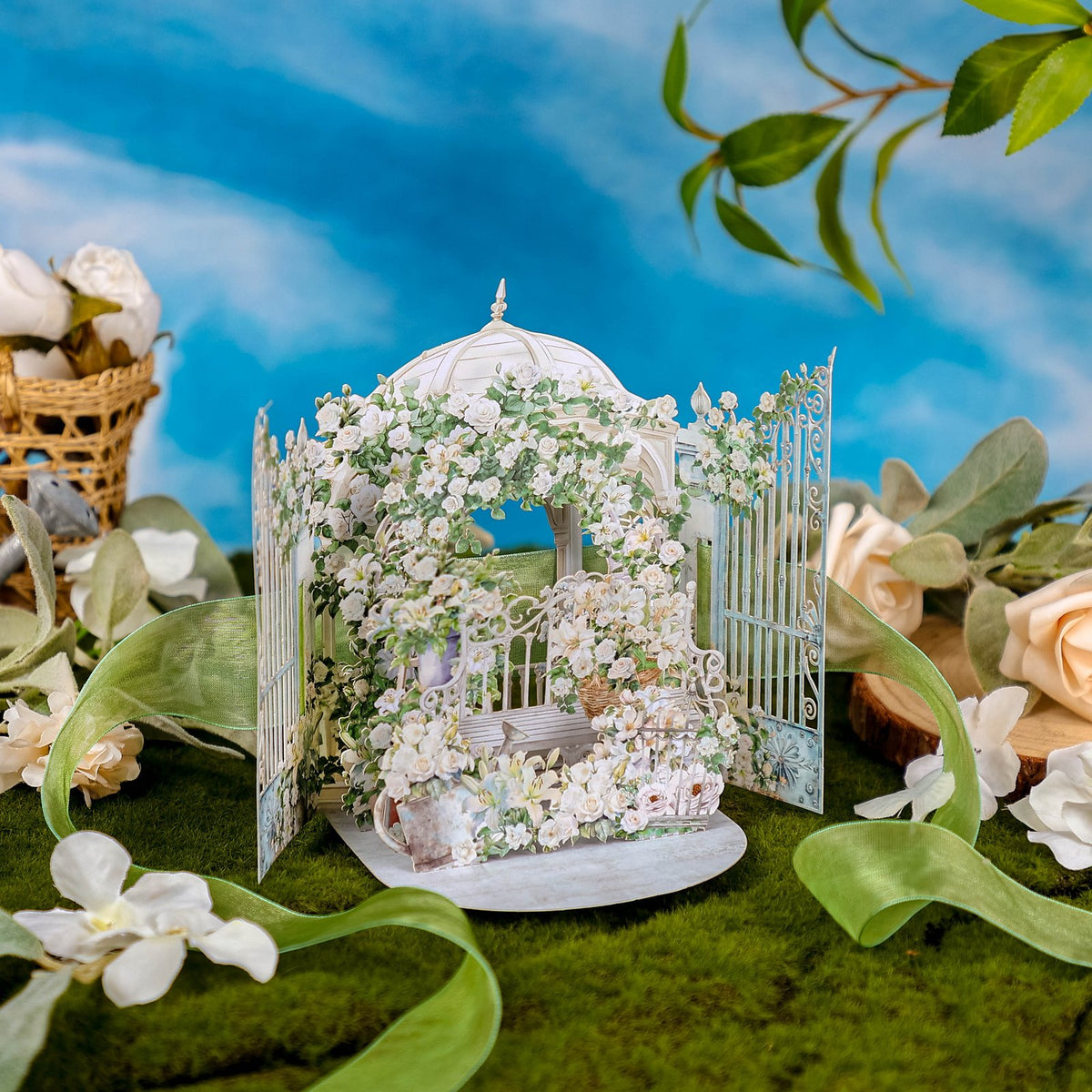 White Rose Double Door Ribbon Greeting Card