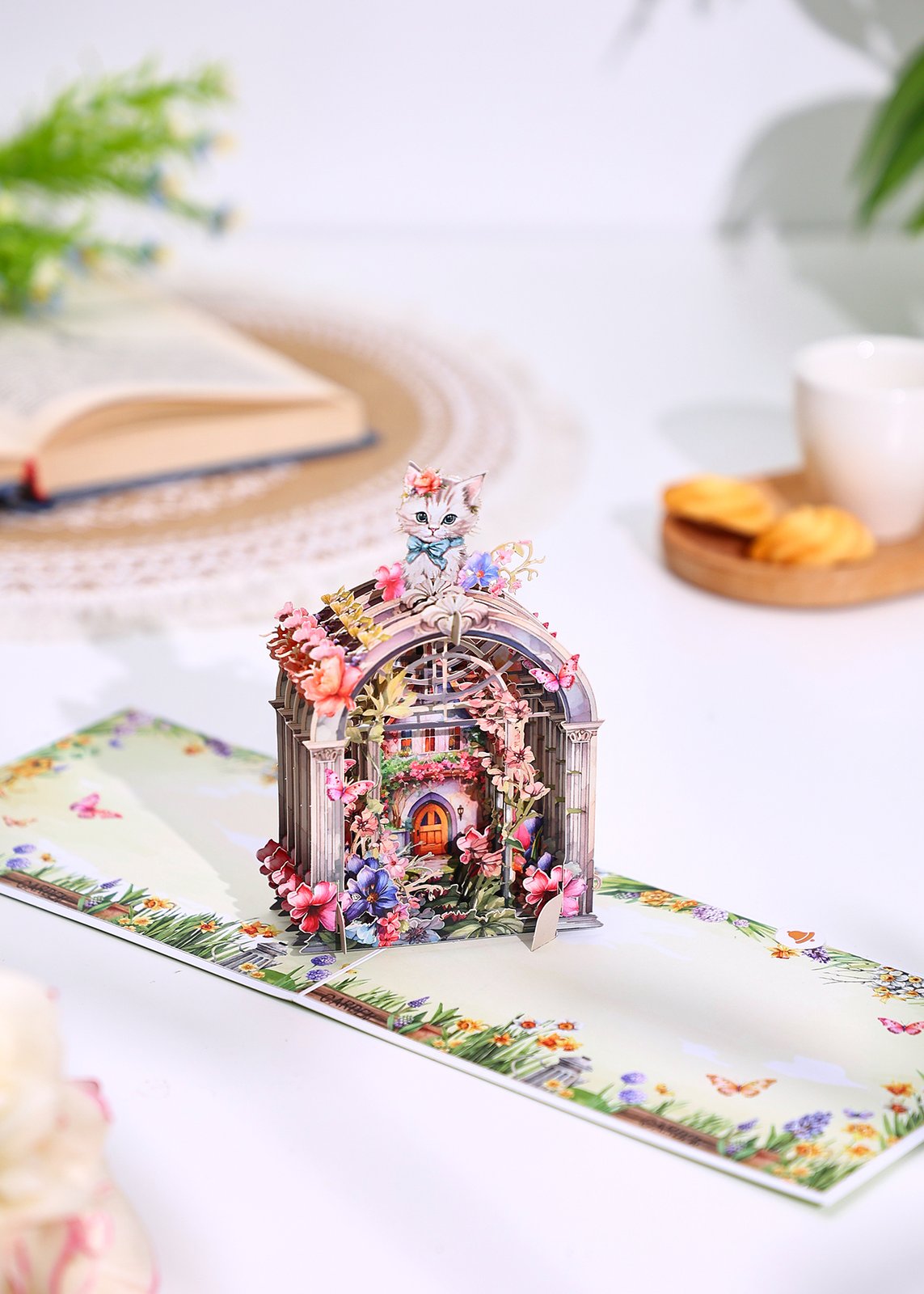 Cat Gardening Stained Glass Window 3D Pop Up Card