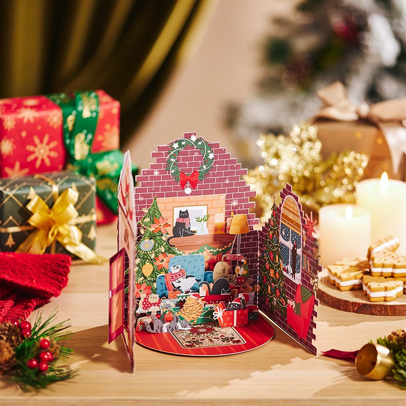 Christmas Door House Floral Wreath Flip Pop Up Card