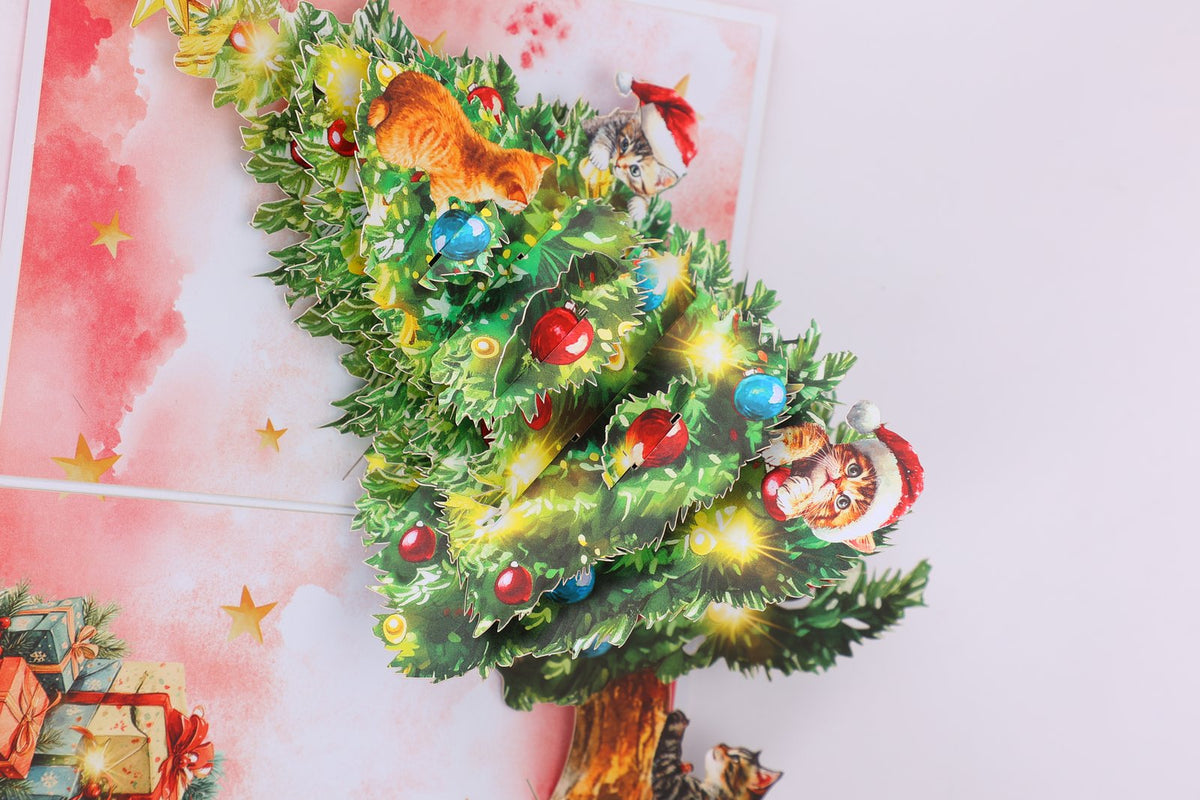 Christmas Tree & Cat Floral Branch Greeting Card