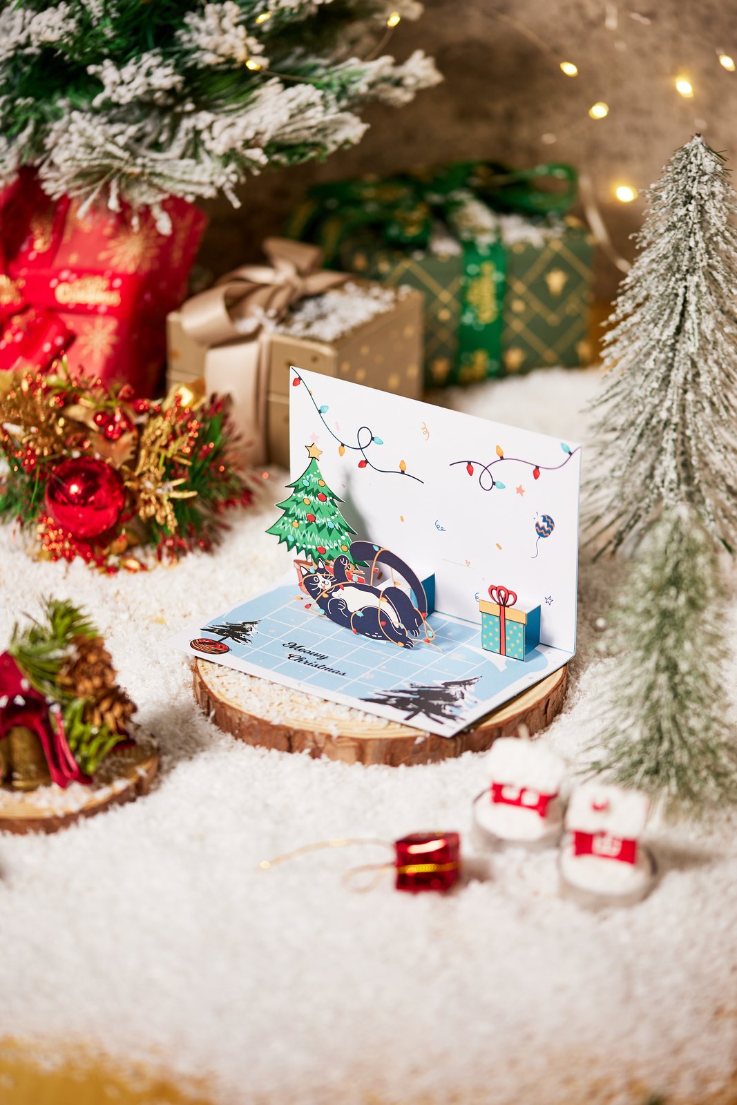 90° Cat Christmas Happy LED Strip Pop Up Card