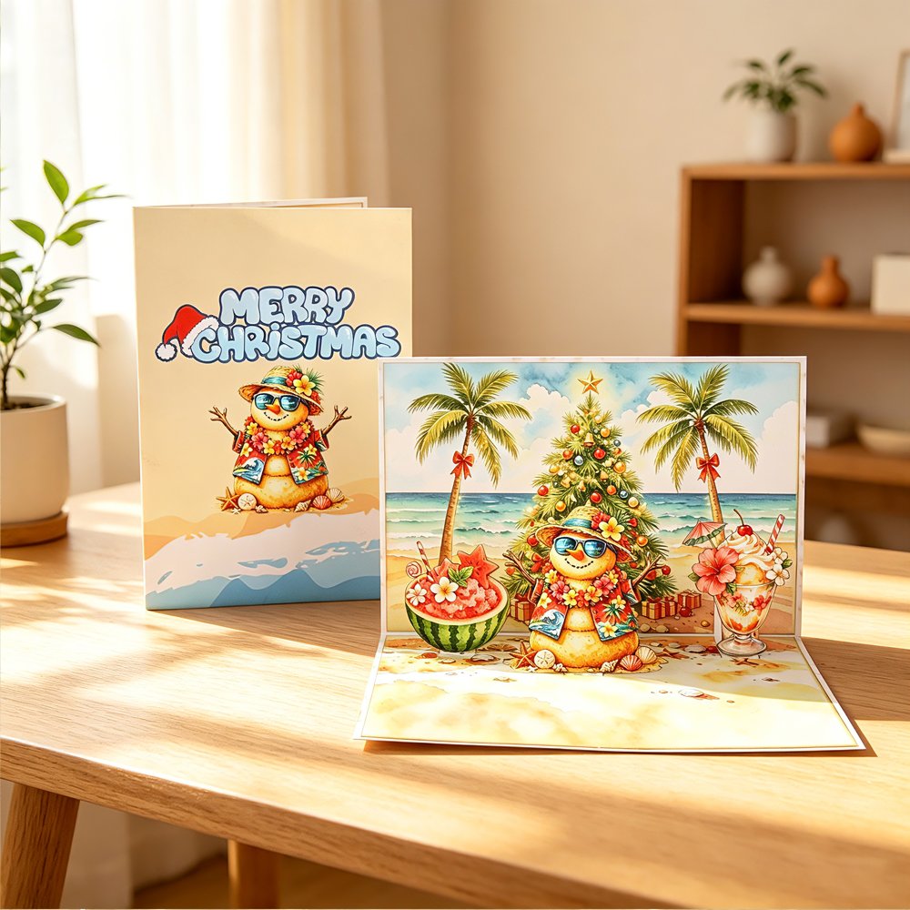 90° Christmas Snowman Beach Greeting Card
