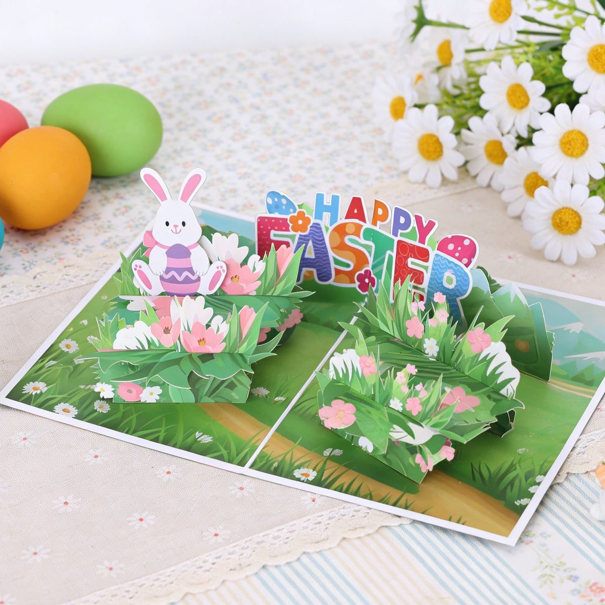 Blue Bunny Easter Egg Flip Pop Up Card