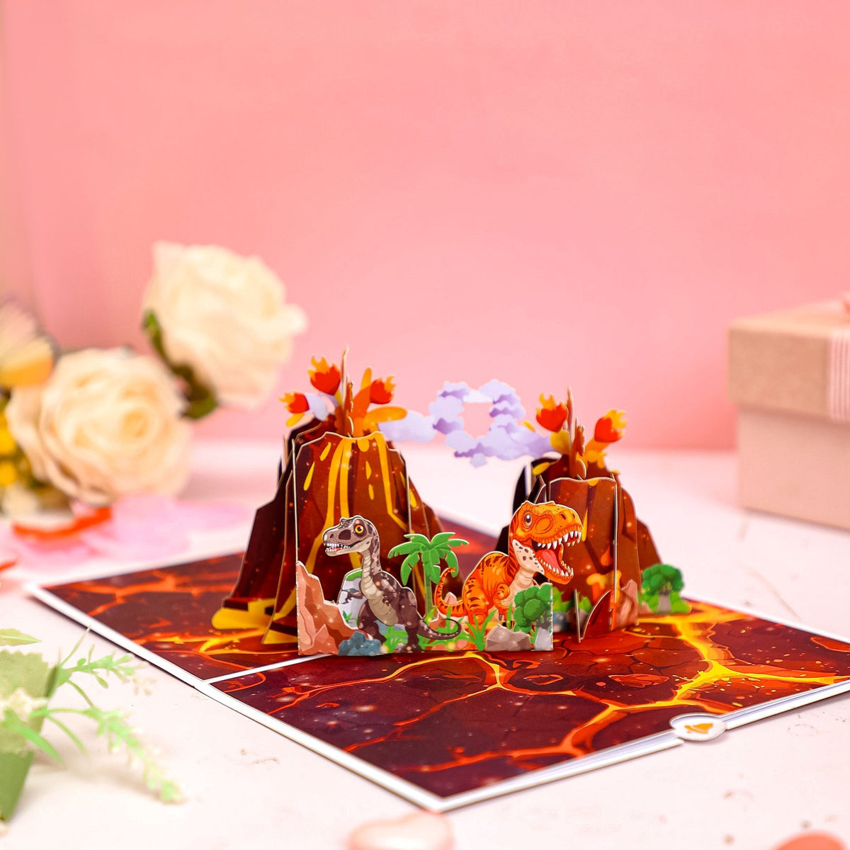 Twin Volcanoes Dinosaur Birthday 3D Pop Up Card