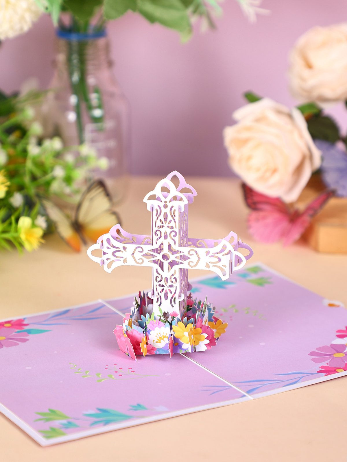 Cross Floral Flip Pop Up Card