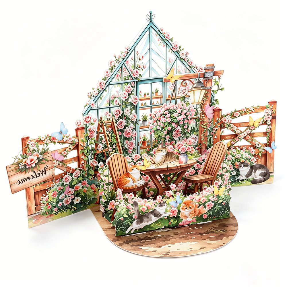 Cat Flower House Double Door Card