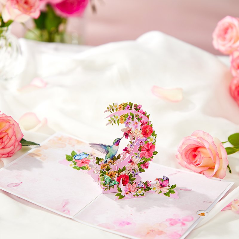 Hibiscus Crescent Moon Hummingbird Pop Up Card