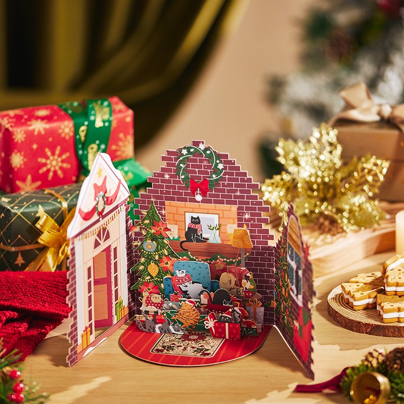 Christmas Door House Floral Wreath Flip Pop Up Card