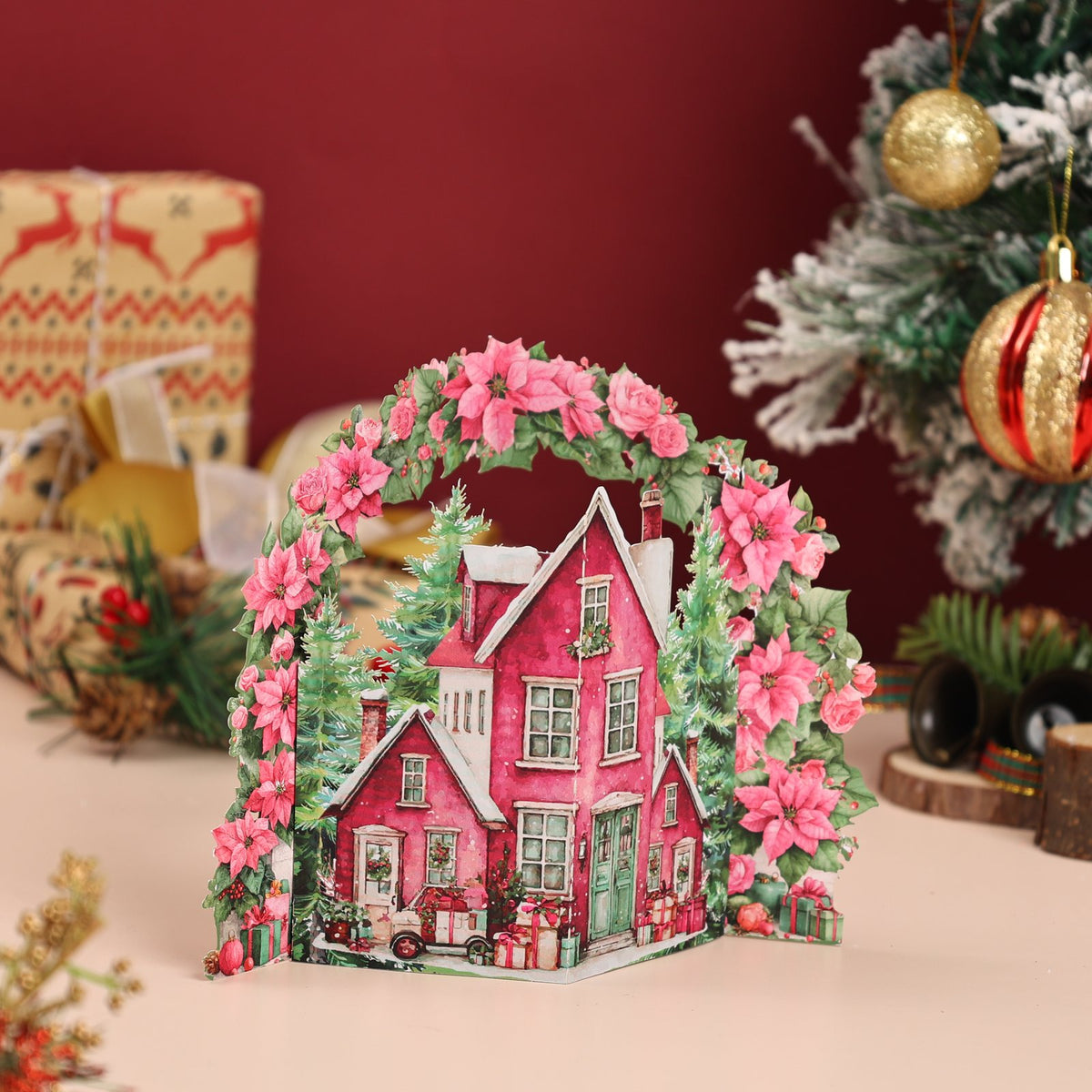 Poinsettia Floral Wreath Snowy House Greeting Card