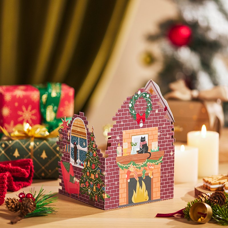Christmas Door House Floral Wreath Flip Pop Up Card