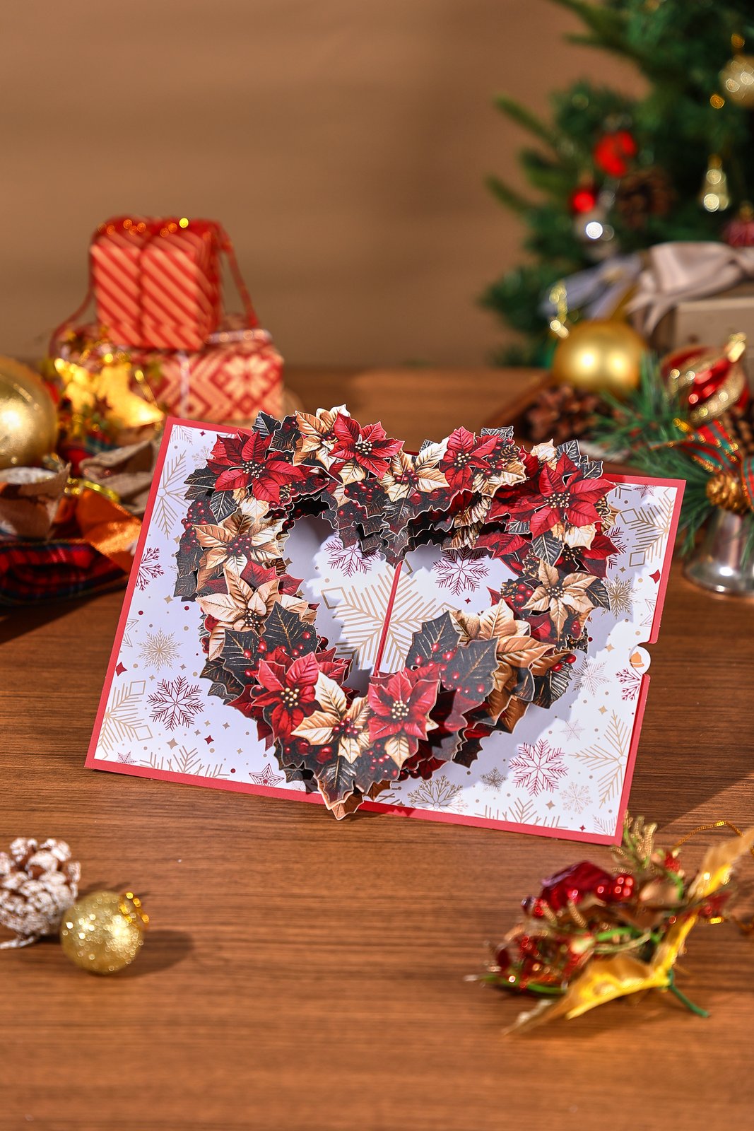 Christmas Poinsettia Heart-Shaped Greeting Card