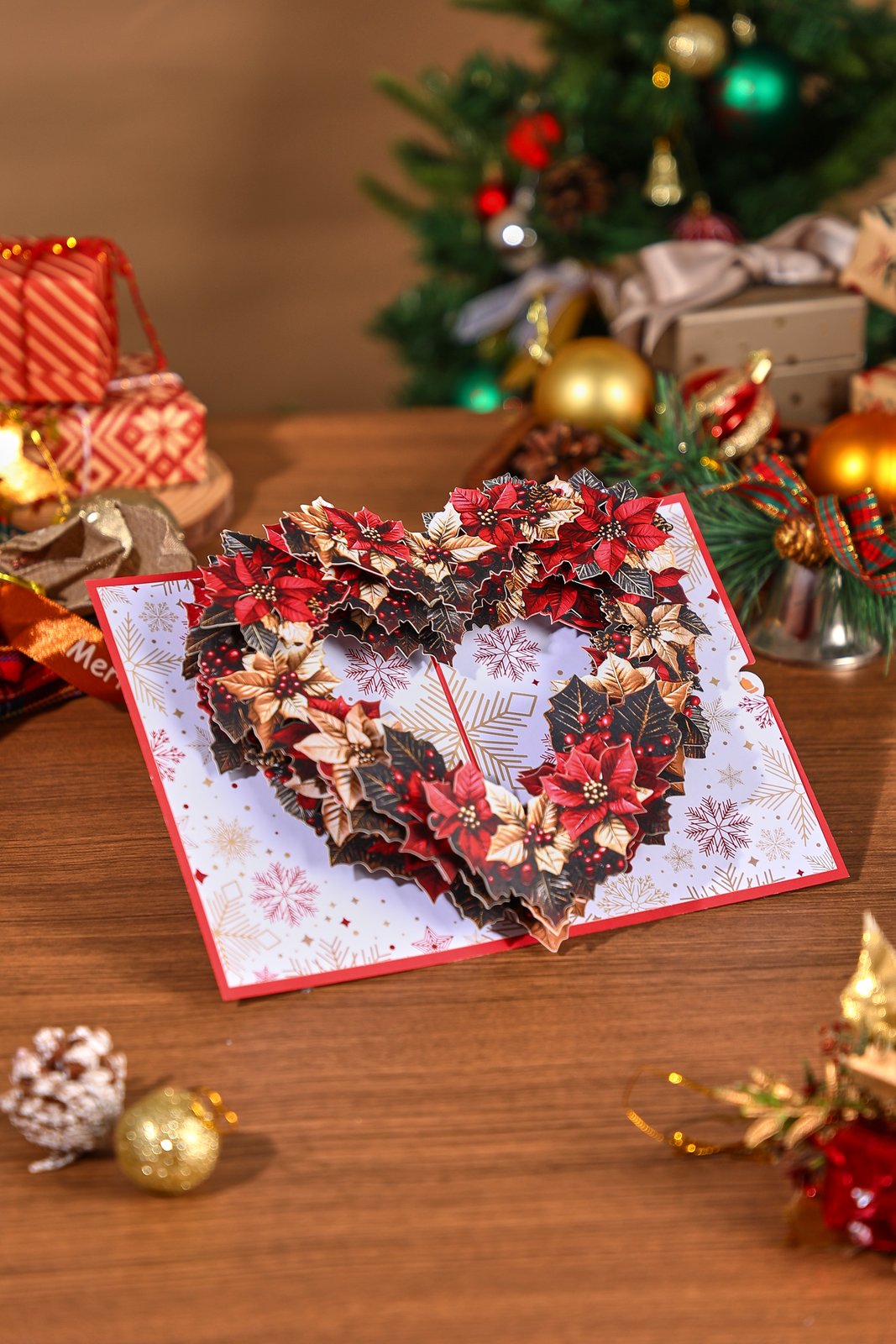 Christmas Poinsettia Heart-Shaped Greeting Card