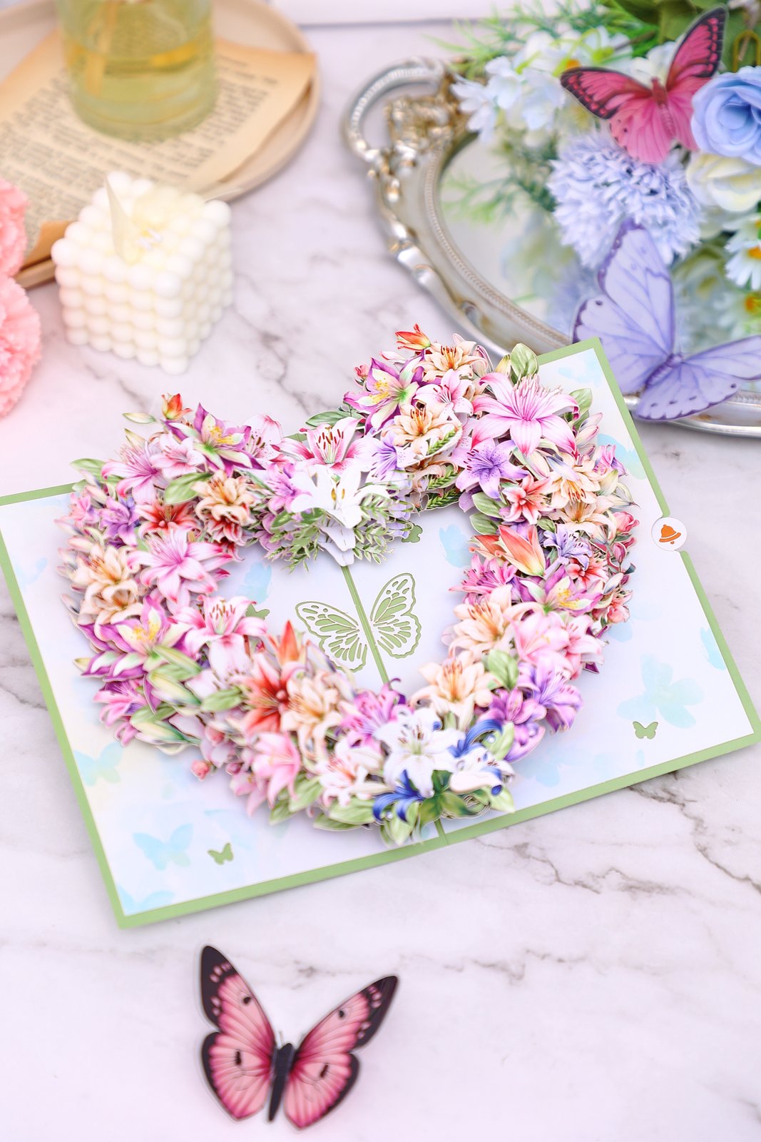 Green Lily Heart Floral Wreath Greeting Card