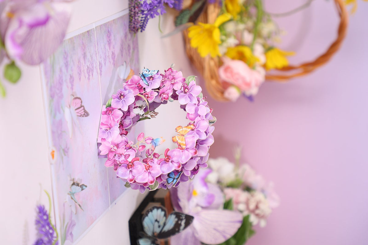 Purple Orchid Floral Wreath 3D Pop Up Card
