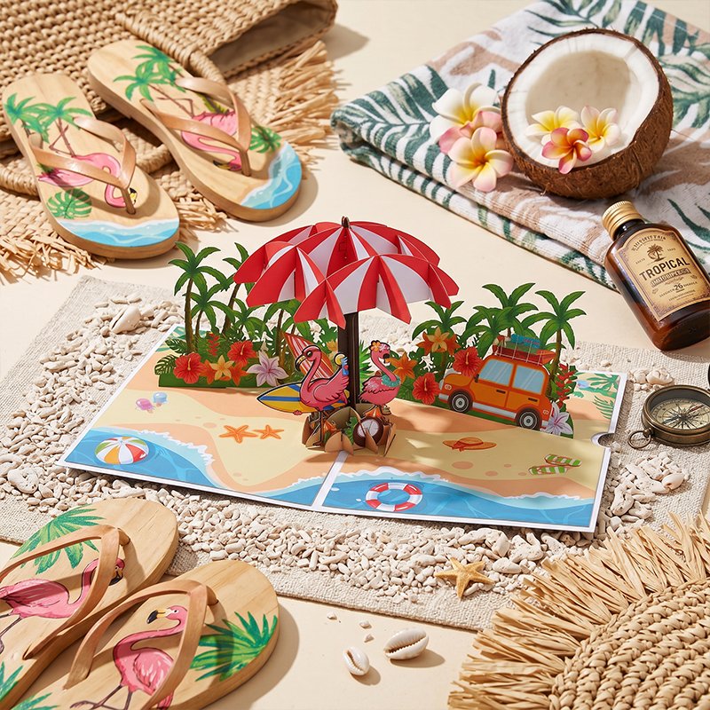 Tropical Beach Flamingo Pop Up Card