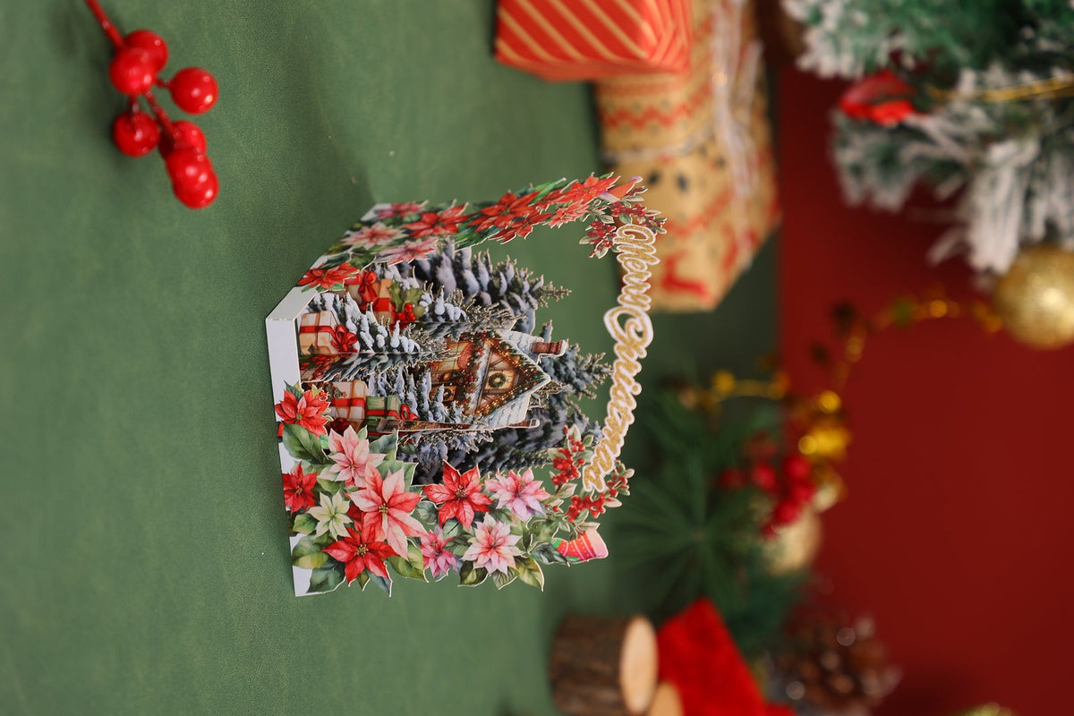 Christmas Floral Wreath Snowy House Greeting Card