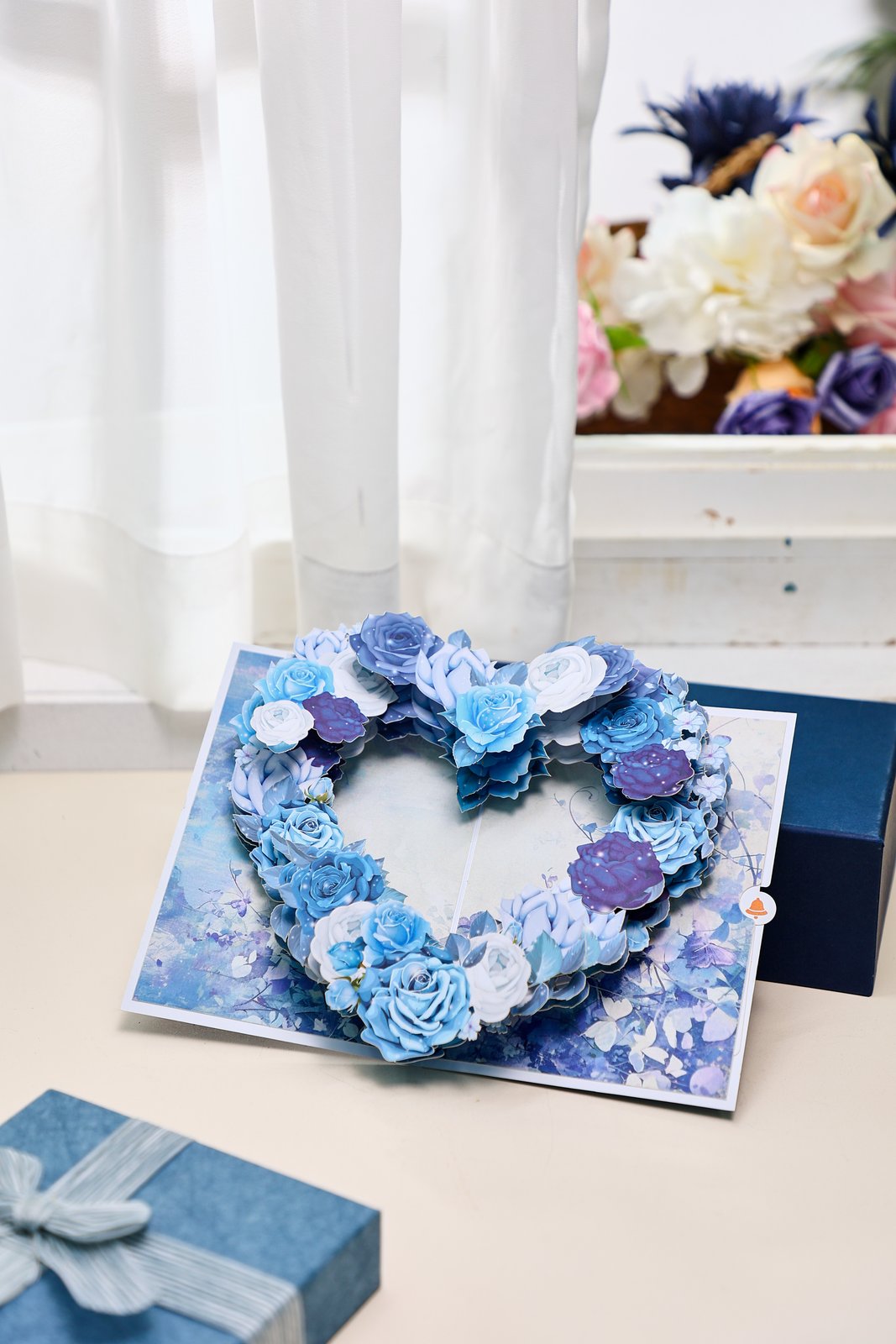 Blue White Rose Heart 3D Pop Up Card