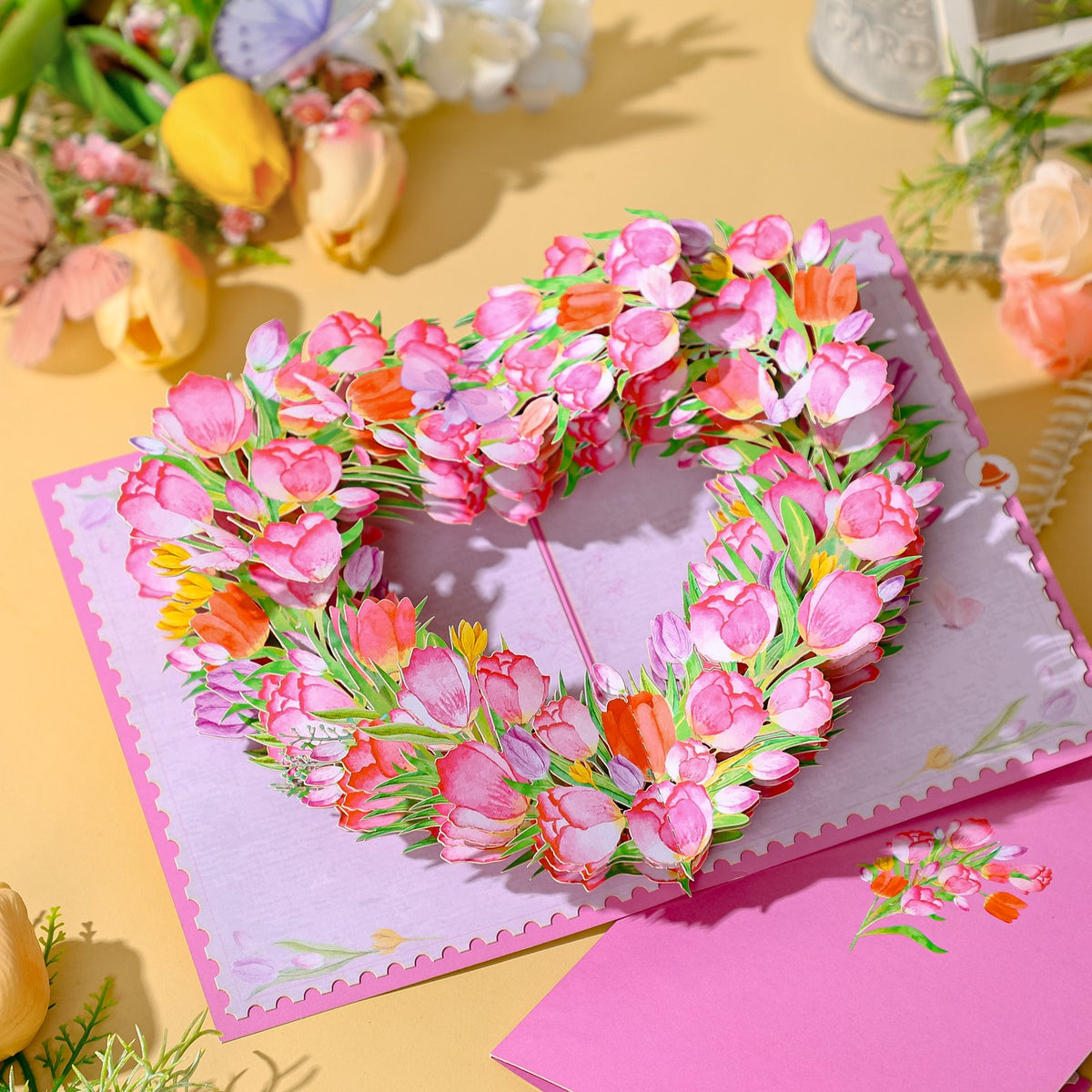 Pink Tulip Heart Floral Wreath 3D Pop Up Card