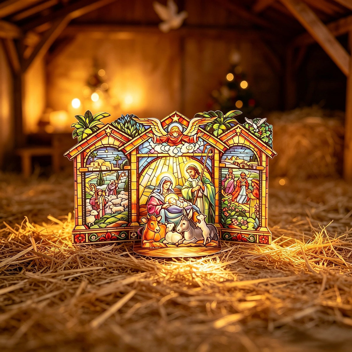 Stained Glass Nativity Double Door Card