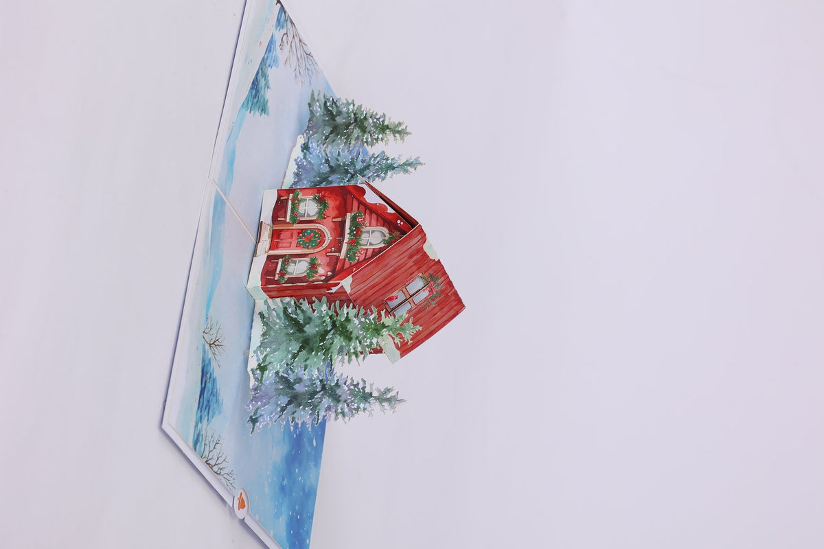 Blue Christmas Cottage Flip Pop Up Card