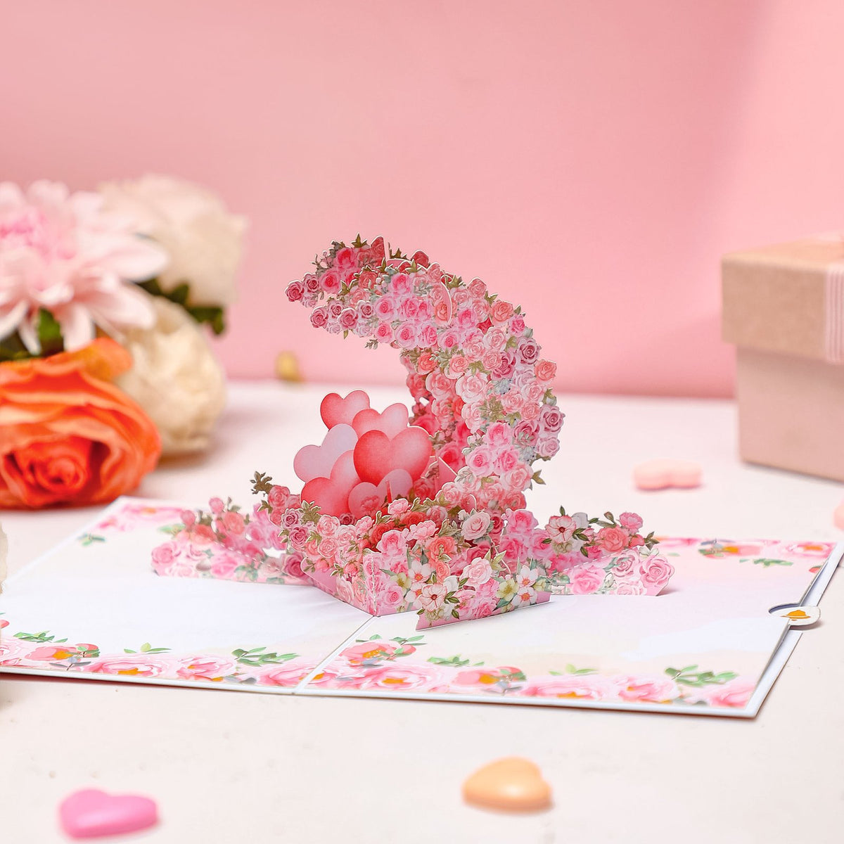Pink Rose Heart 3D Pop Up Card