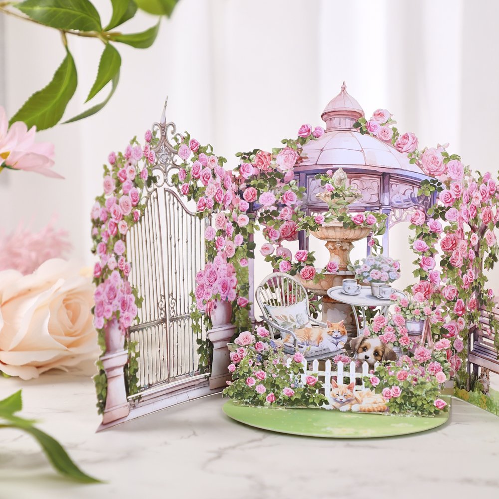 Pink Red Rose Garden Double Door Pop Up Card