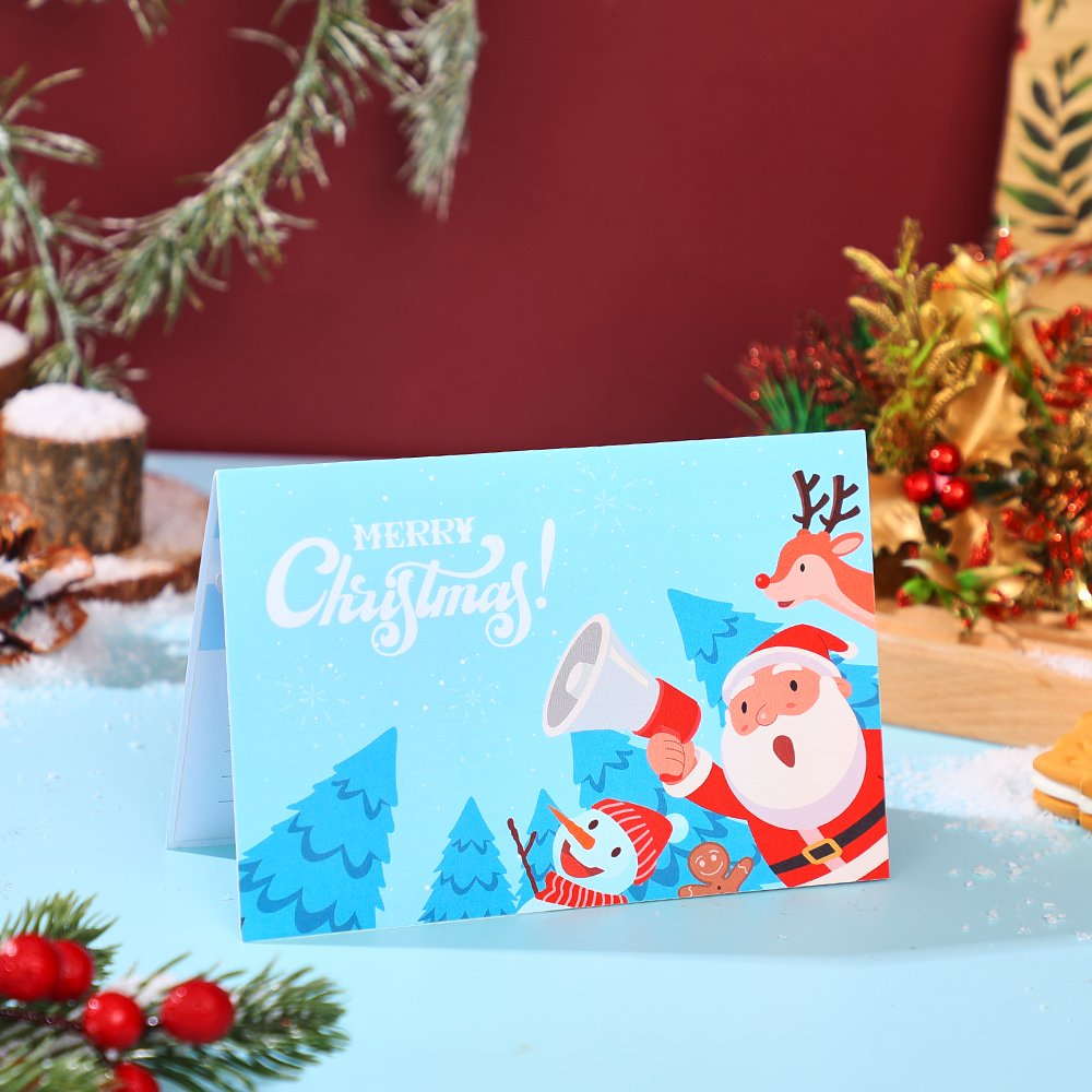 Santa Claus Trumpet Flip Pop Up Card Light Blue