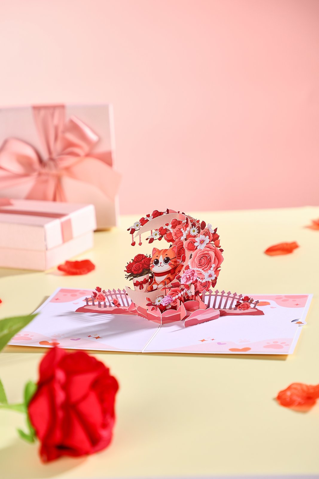Rose Crescent Moon Cat 3D Pop Up Card