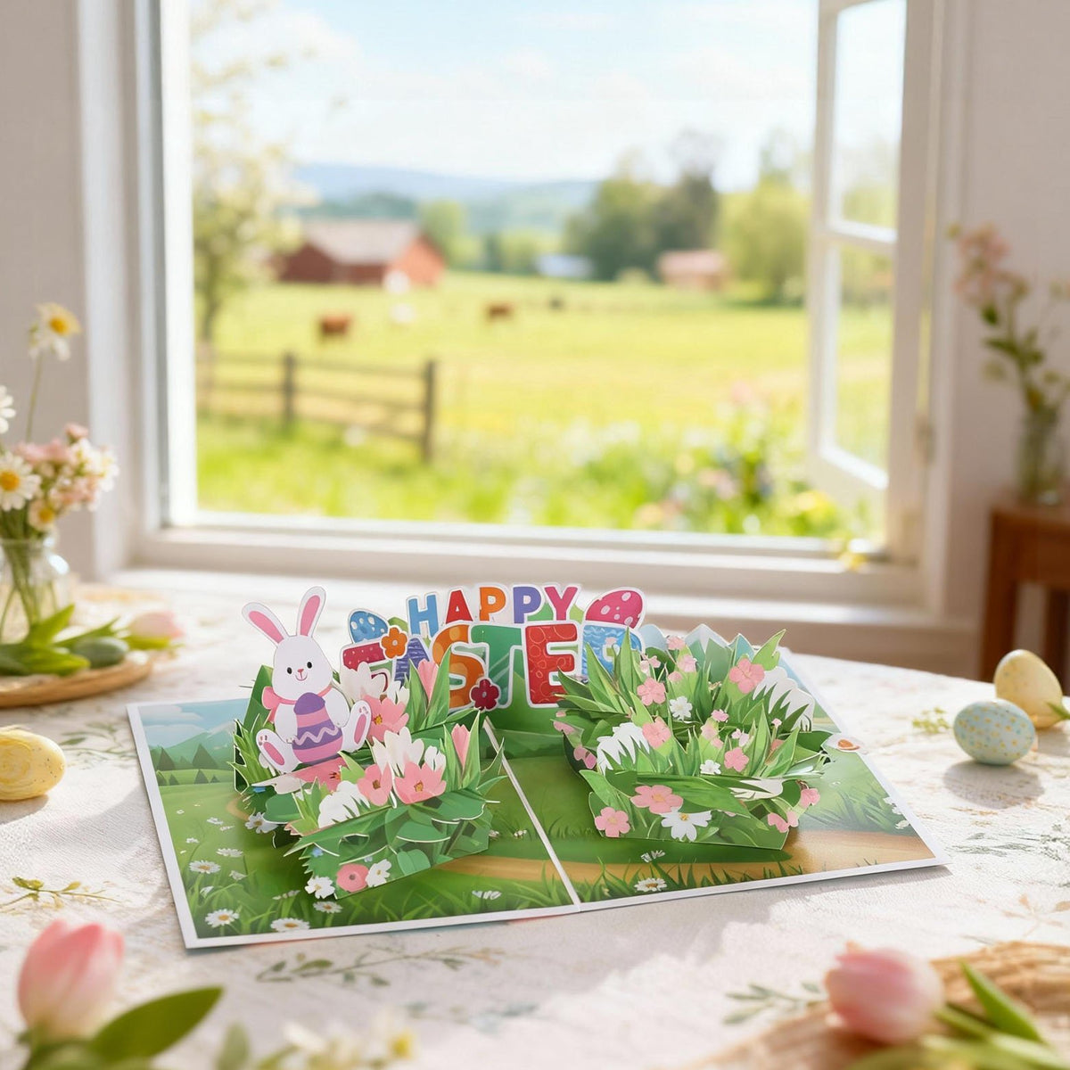 Blue Bunny Easter Egg Flip Pop Up Card