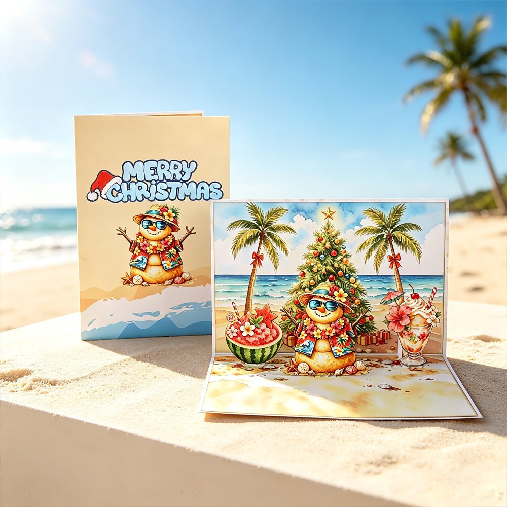 90° Christmas Snowman Beach Greeting Card