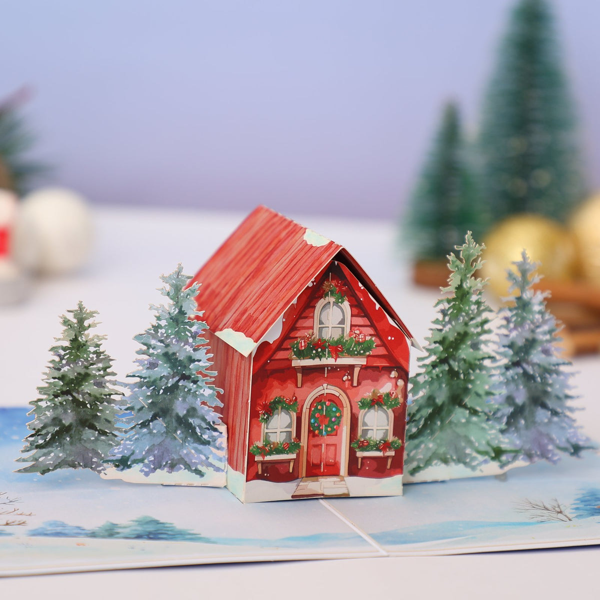 Blue Christmas Cottage Flip Pop Up Card