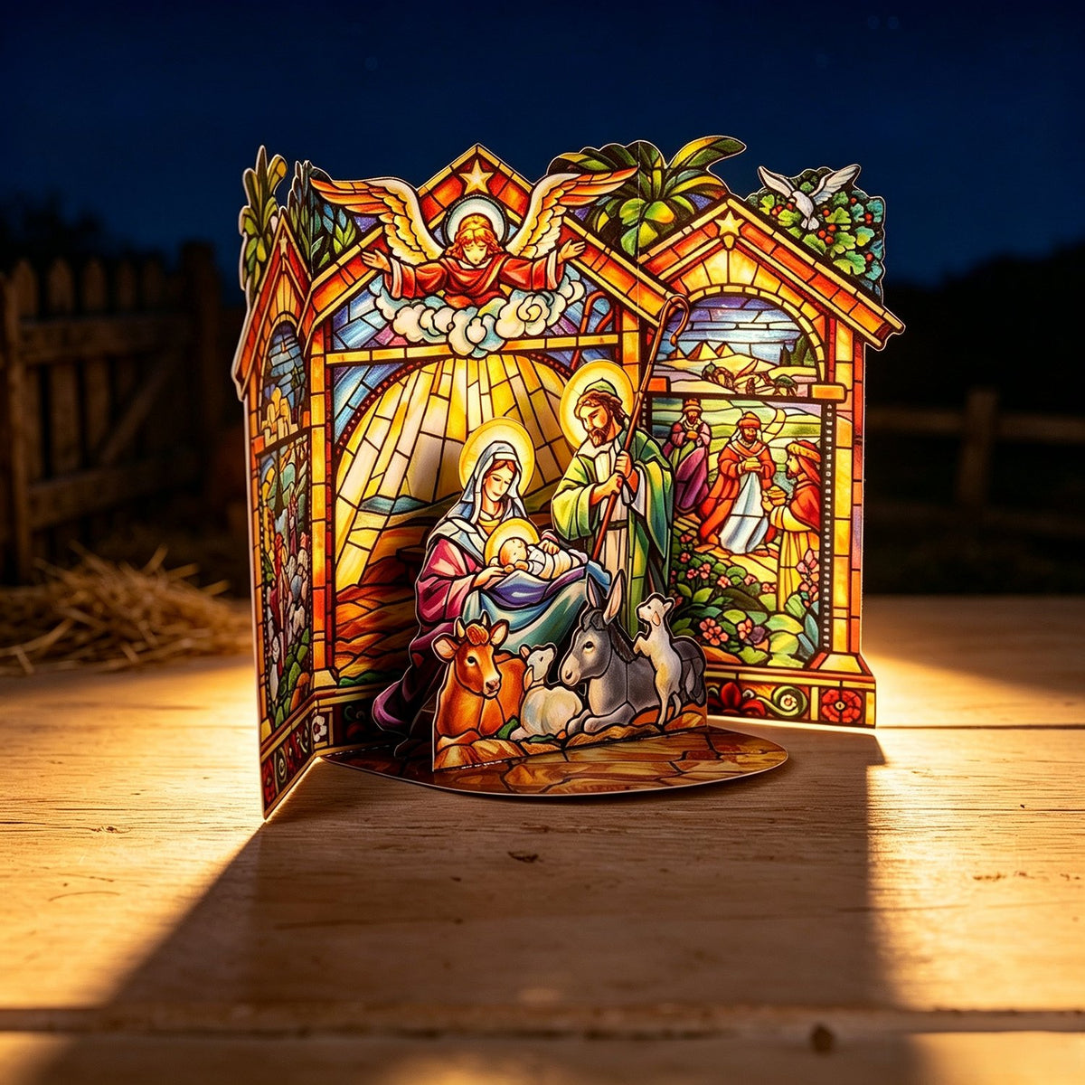 Stained Glass Nativity Double Door Card