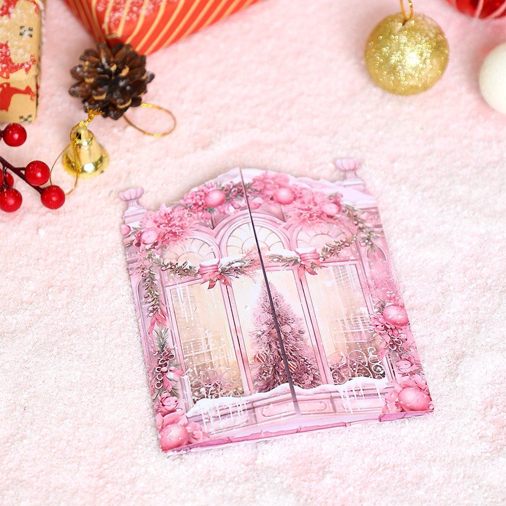 Pink Window Scene Christmas Greeting Card