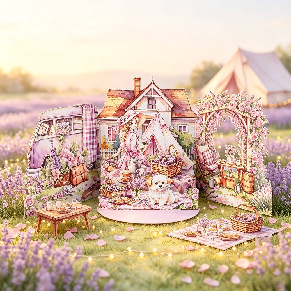 Girl Purple Camping Double Door Pop Up Card