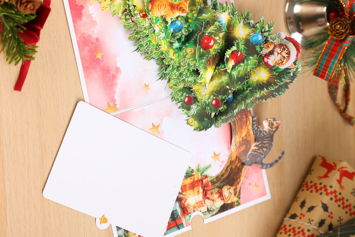 Christmas Tree & Cat Floral Branch Greeting Card