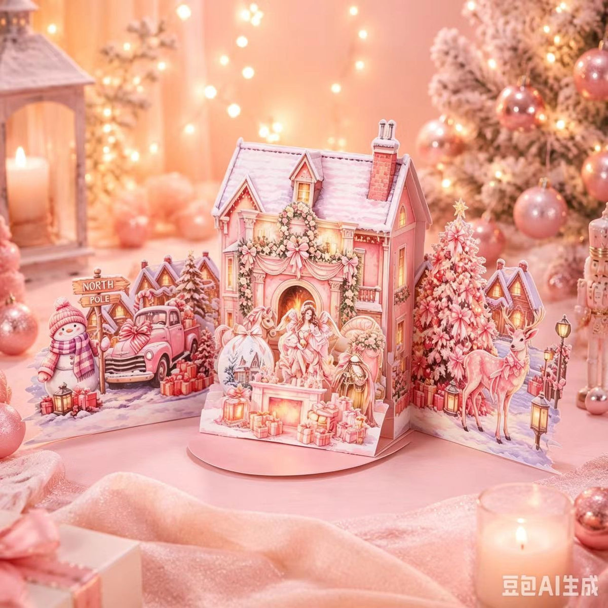 Dreamy Pink Christmas Double Door Pop Up Card