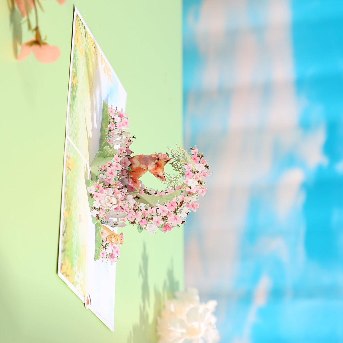 Fox Cherry Blossom Crescent Moon Greeting Card