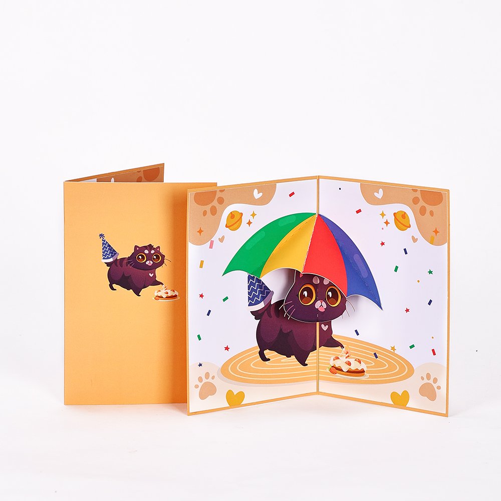 With Umbrella Cat Blue Pop Up Card