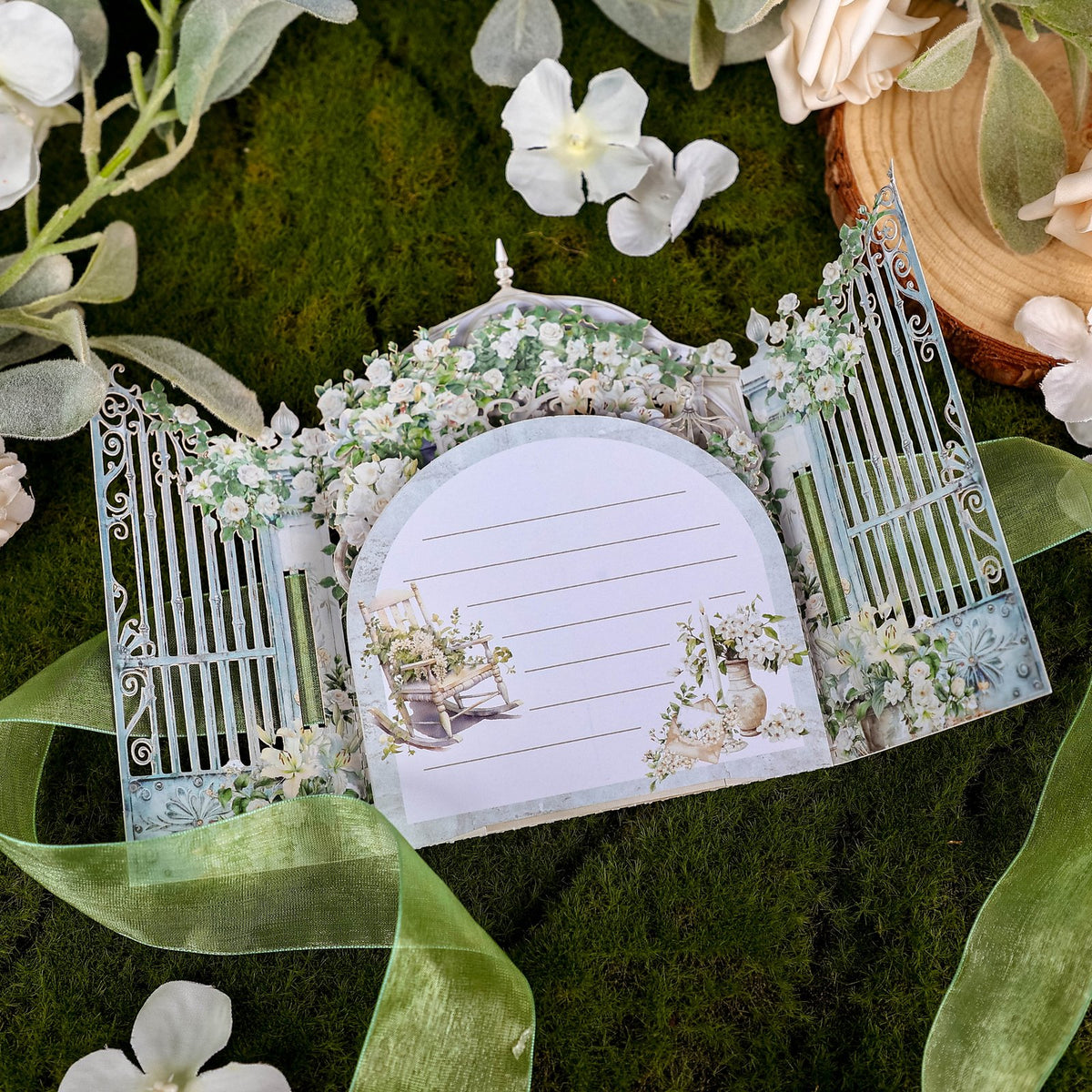 White Rose Double Door Ribbon Greeting Card
