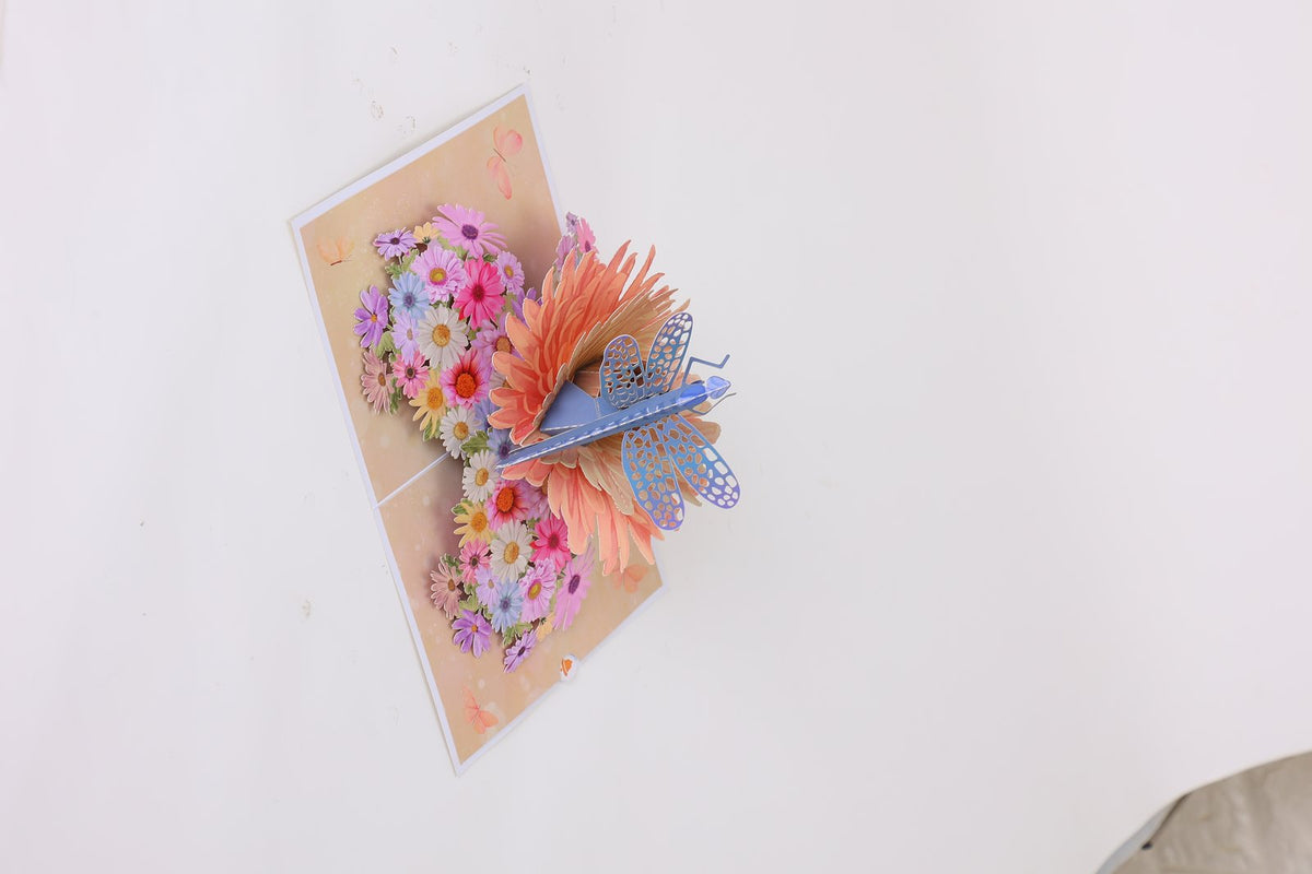 Mixed Color Daisy Dragonfly Greeting Card