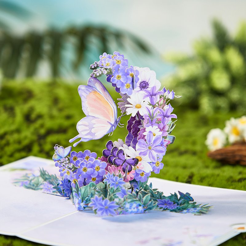 Butterfly Fresh Flowers Crescent Moon 3D Pop Up Card