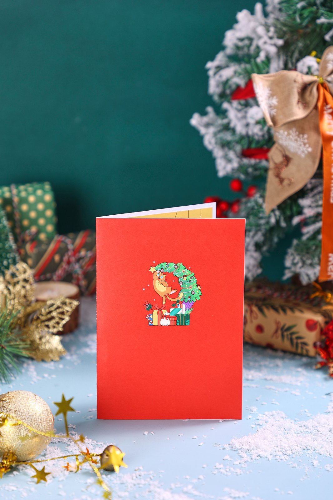Cat Christmas Tree Crescent Moon 3D Pop Up Card